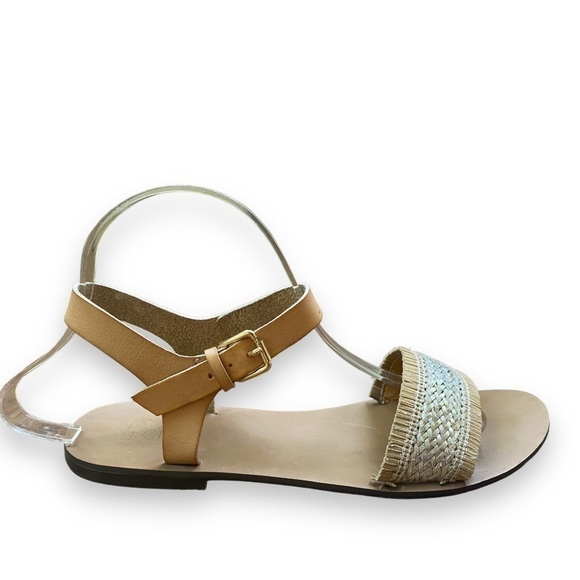 J Crew Factory Raffia Silver and Tan Woven Straw Fringe Sandals | Size 9 - Picture 11 of 13